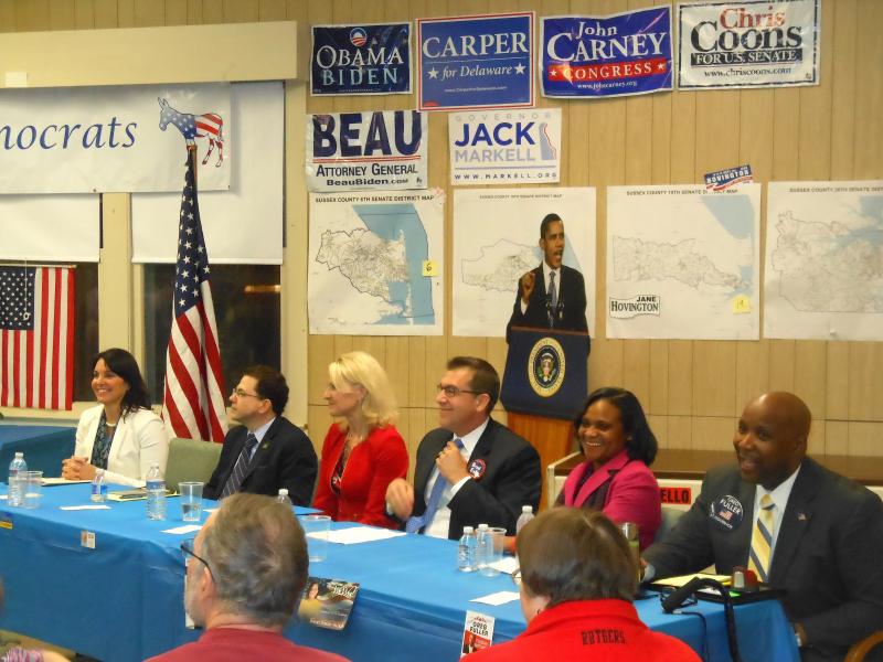 The six Democrats running for lieutenant governor are (l-r) Rehoboth Beach Commissioner Kathy McGuiness; New Castle County Register of Wills Ciro Poppiti III; Sen. Bethany Hall-Long, D-Middletown; Kent County Levy Court Vice President Brad Eaby; Wilmington City Councilwoman Sherry Dorsey Walker; and former Sussex County Register of Wills Greg Fuller. BY CHRIS FLOOD
